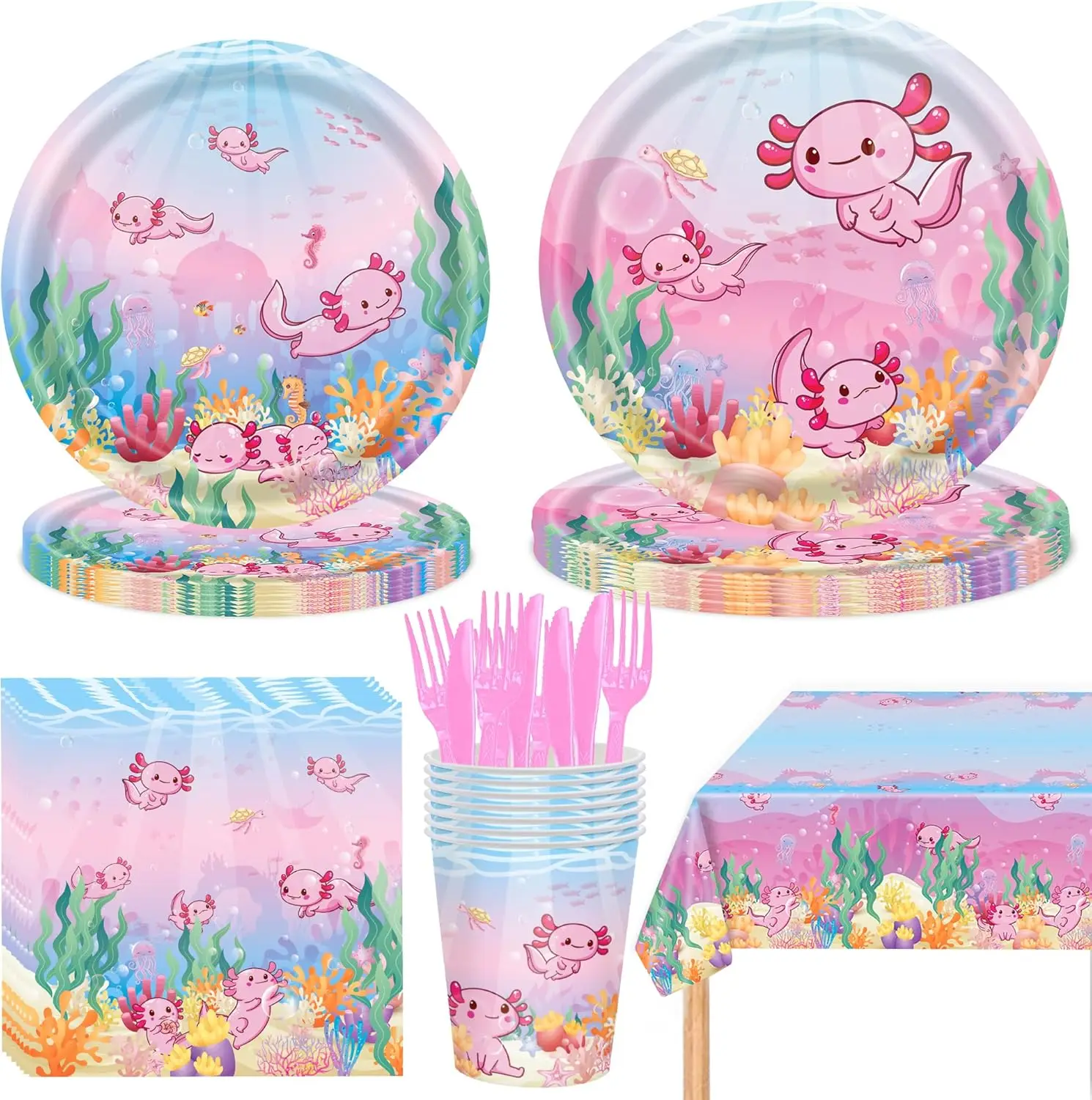 핑크 Axolotl 테마 일회용 접시 종이 컵 티슈 테이블보, 귀여운 어린이 생일 파티 세트, 선물 소품
