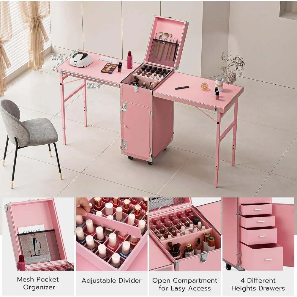 

Portable Nail Table Desk, Foldable Rolling Manicure Table with Wheel, Makeup Train Case for Nail Teach