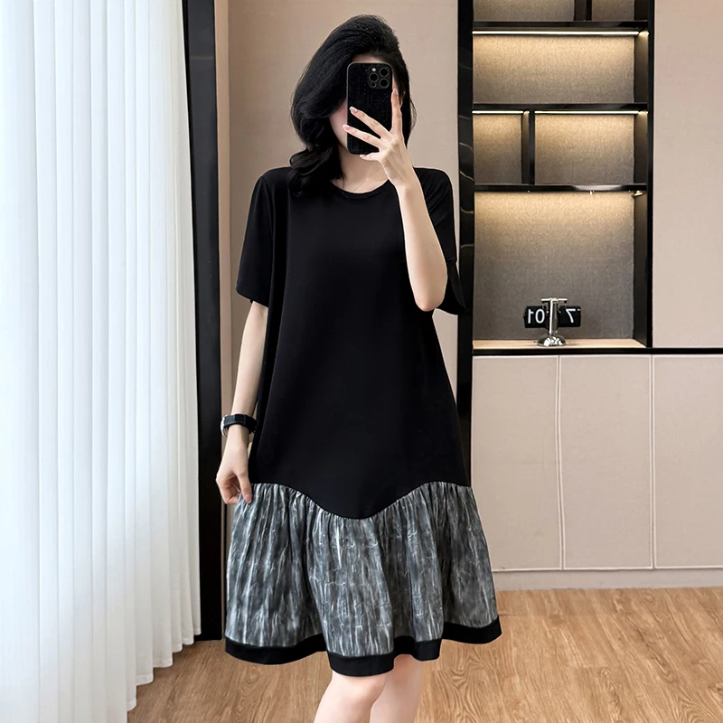 YZJNH 2026 Summer New Dress Women's Fashion Loose Short Sleeve Dress Splicing Printed Hem Large Size Dress Women