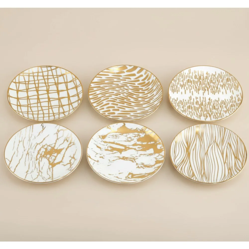 

Элегантные позолоченные тарелки для закусок на 6 дюймов, набор из 6 разных дизайнов для вечеринок и мероприятий