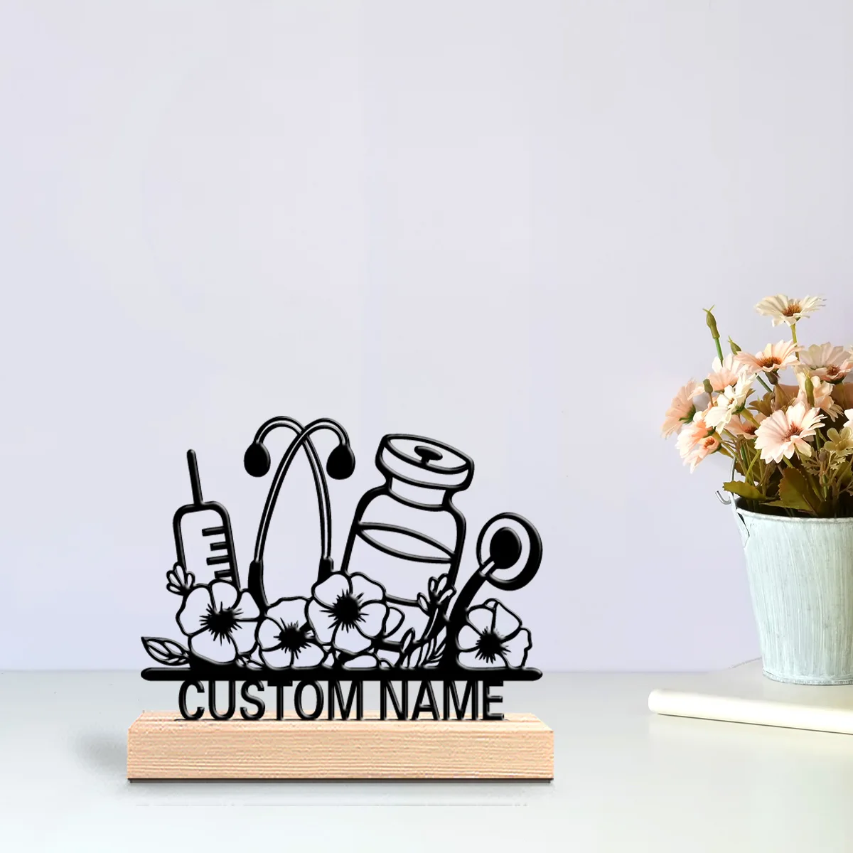 1pc Modern Stethoscope Customized Text Iron Statue With Wood Base Handicraft With Wood Base Tin Statue For Kids Gifts