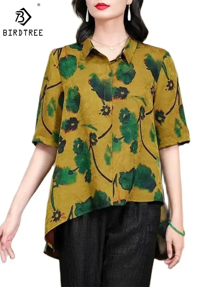 BirdTree 100%Mulberry Silk Shirt for Women, Lapel Floral Jacquard Loose, Elegant Retro OL Blouses, 2024 Spring New Tops T42330QM