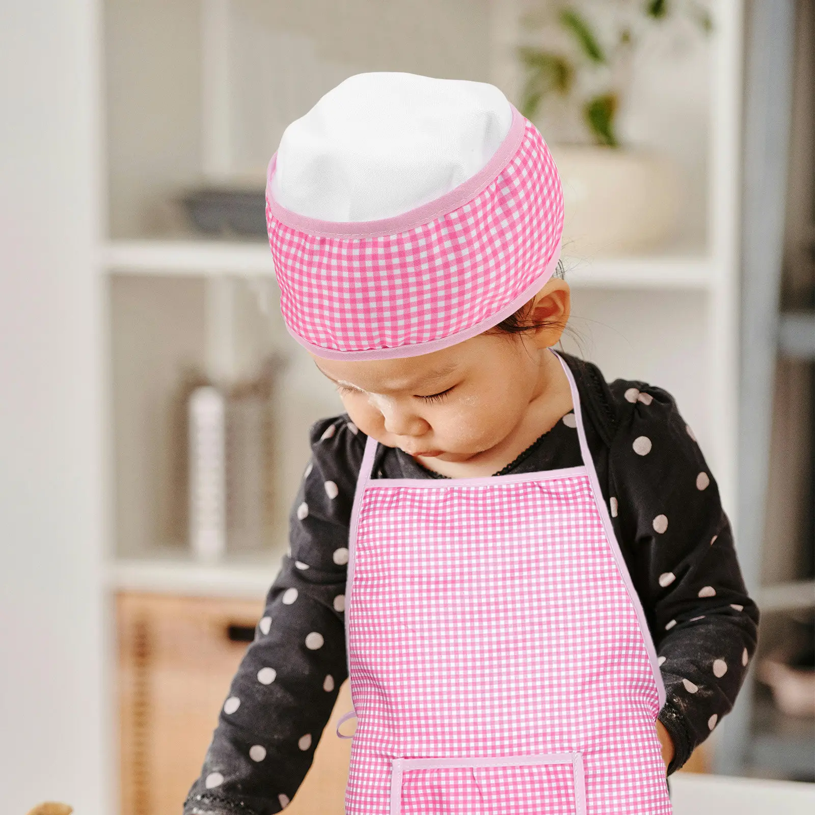 1Set Children Kitchen Apron Set Fashion Checkered Design Adjustable Fit Chef Hat Glove Mat for Toddlers Girls Boys Cooking