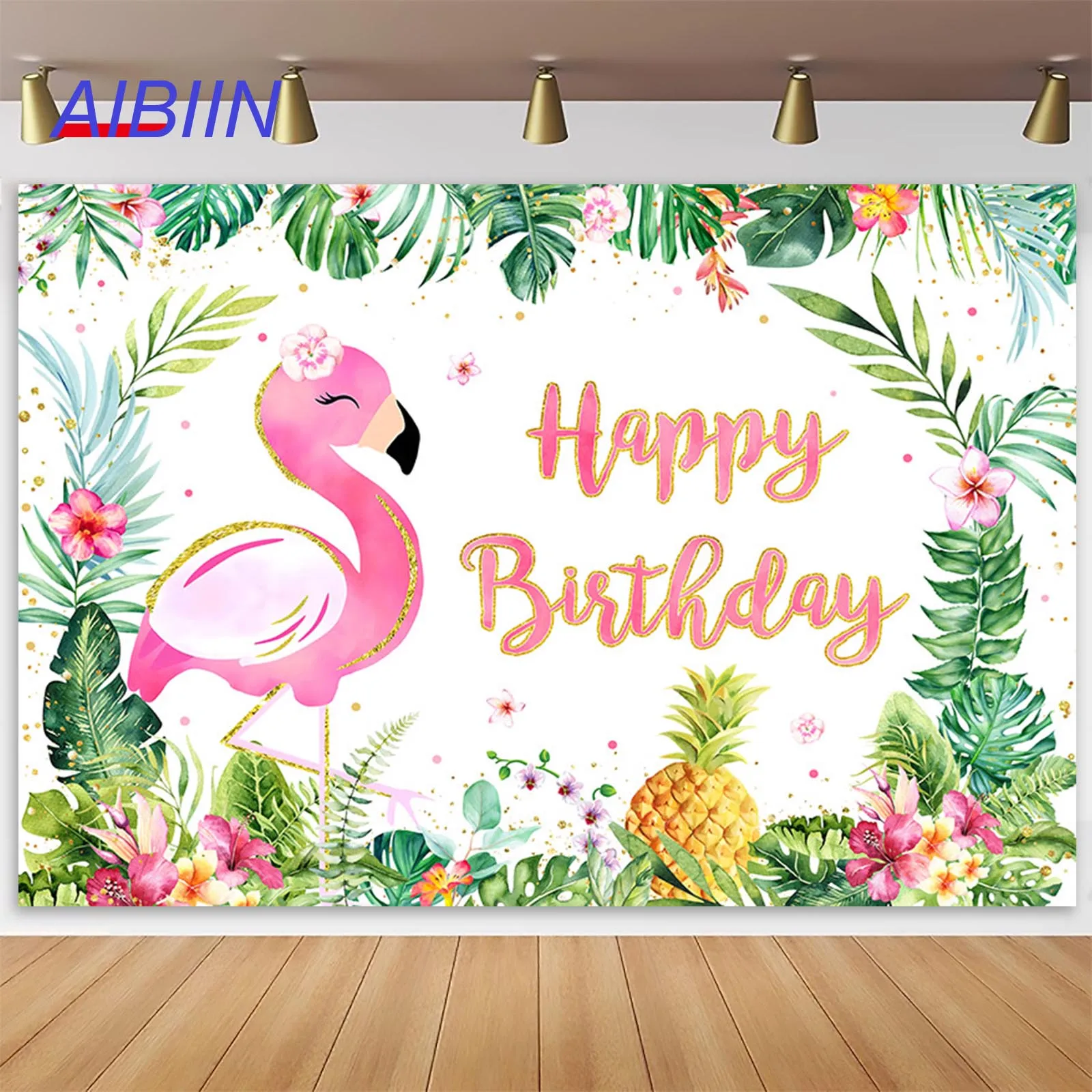 

AIBIIN Happy Birthday Backdrops Summer Tropic Pineapple Flamingo Palm Kids Photography Background Cake Photozone Party Decor