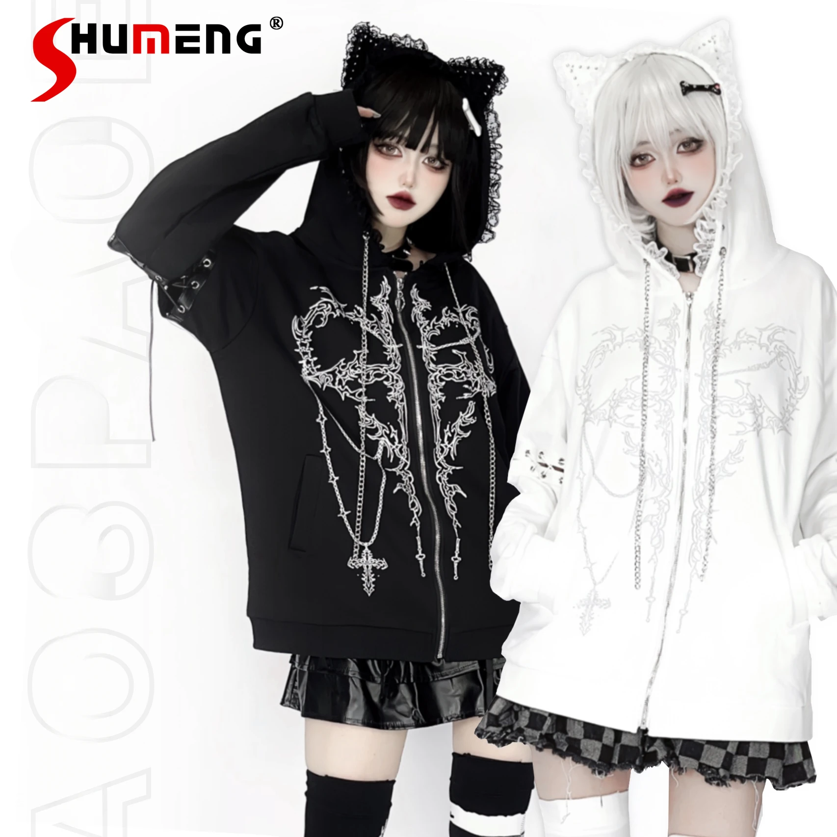 Japanese Mine Subculture Dark Gothic Black and White Print Zipper Cat Ear Hooded Hoodies Women Spring Autumn Loose Sweatshirts