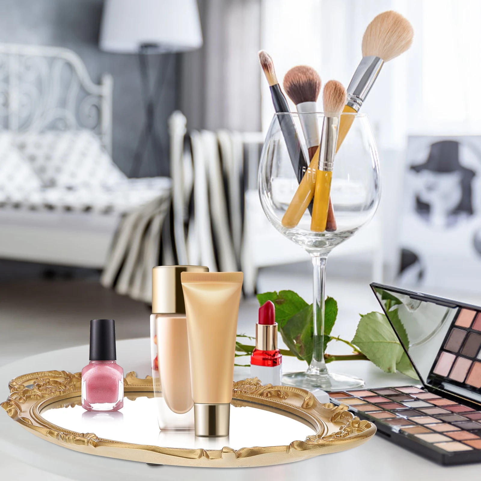 

1pc Retro European Mirror Storage Tray Golden Textured Home Household Decorative Tray Cosmetics Organizer Perfume Storage Room
