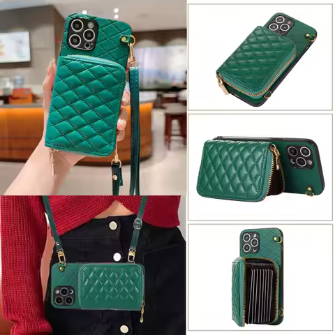 Phone Case With Strap Shoulder Lanyard Cover For Samsung Galaxy S21 S22 S23 S24Plus S24FE S25 Note20 Luxury Lattice Cards Wallet