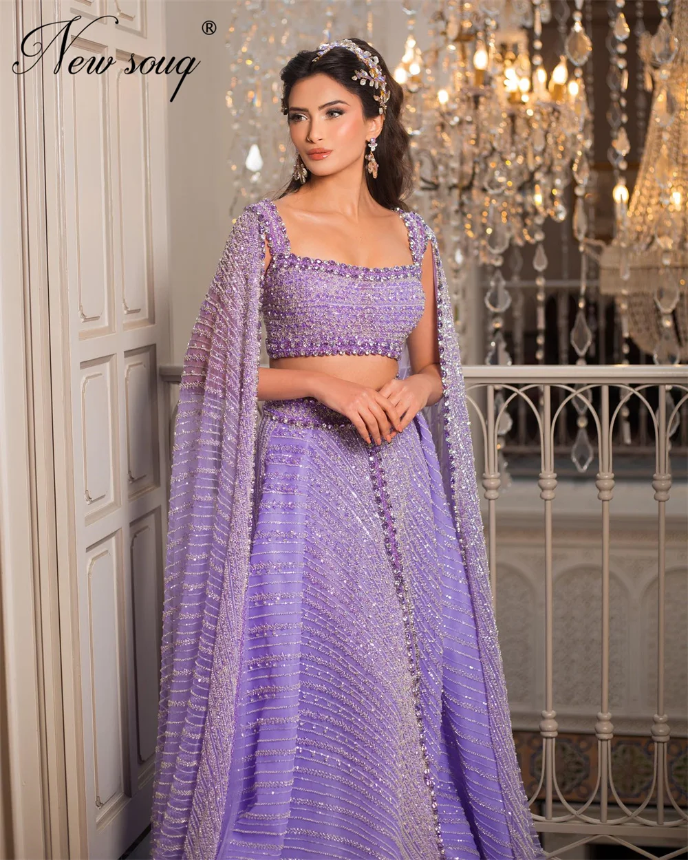 Custom Made Purple Beading Evening Dresses Middle East Cape Sleeves Prom Dress Two Pieces Crystals Cocktail Party Gowns Robes