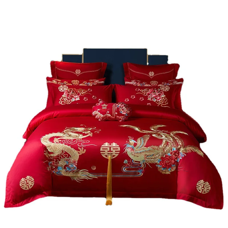 100S Long Staple Cotton High Count High Density Exquisite Dragon Phoenix Embroidery Four Piece Set Big Red Multi Piece Set