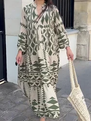 Kobiety letnie długie sukienki z długim rękawem plisowane Boho sukienka z nadrukiem damskie moda Vintage Boho plażowe sukienki Maxi Vestidos