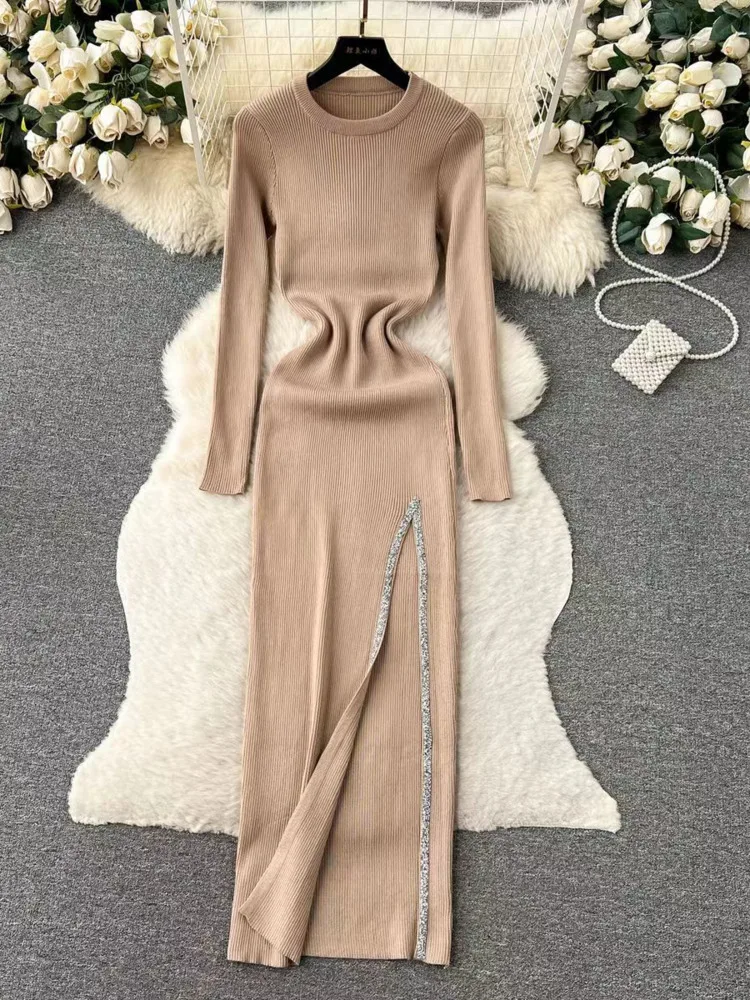 Casual Long Sleeve Sexy Knitted Women Sweater Maxi Dress with Side Slits Slim Autumn Winter New Elegant Shiny Wrap Hip Knit Robe