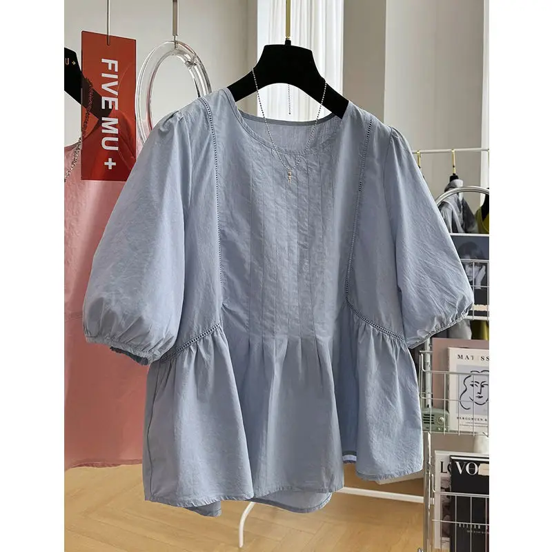 Summer Chic Round Neck Short Sleeve Babydoll BlouseYY101