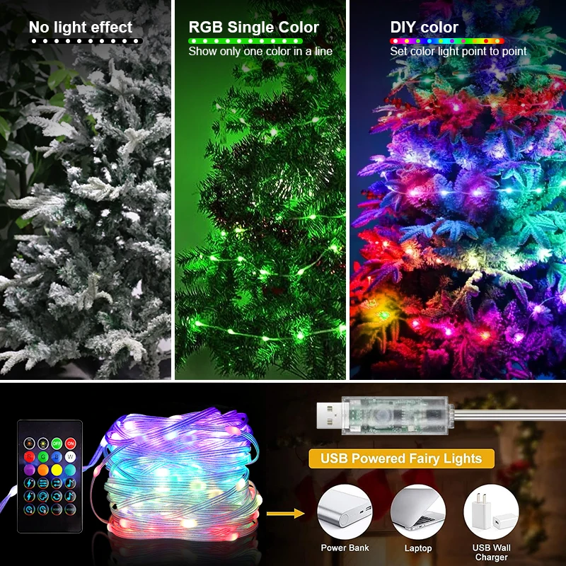 Led rgbic luz de natal ao ar livre para árvore de natal luz de fadas inteligente app controle remoto usb iluminação da corda ip67 multicolorido guirlanda