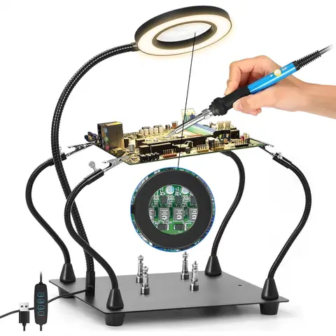 Soldering Magnifying Glass with LED Lamp, 3X Magnification & 4 Flexible Arms for Electronic Repair - Precision Tool