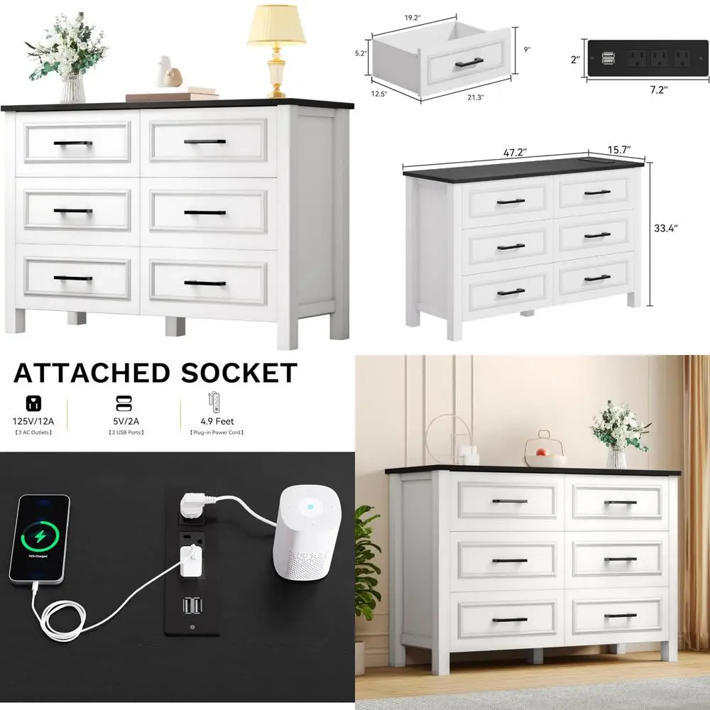 

Farmhouse Style Wooden Dresser TV Stand with Power Outlet, 6-Drawer Storage Unit featuring Large Drawers and Bar Handles