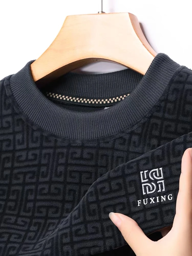 High end luxury brand fashion printed sweater men 2023 autumn/winter new double-sided plush thickened casual round neck pullover