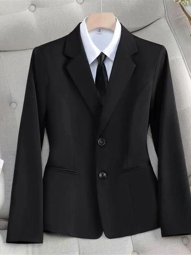 سترة نسائية أنيقة سوداء ضيقة، مناسبة للعمل، بتصميم كوري عصري، قصيرة الطول بزر واحد #2