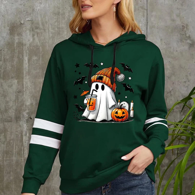 Halloween Ghost Pumpkin Bat Print Hoodies For Women Fashion Casual Long Sleeves Sweatshirts Ladies Halloween Pullovers Tops