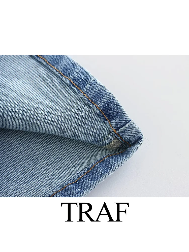 TRAF 2023 New Women Fashion Retro Solid Simple Middle-waisted Flare Denim Trousers With Zipper High Street Female Causal Jeans