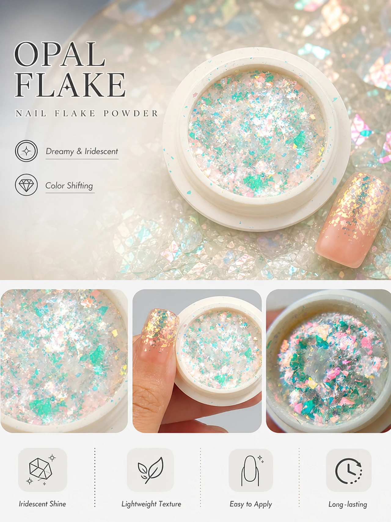1 PCS Luxury Opal Powder And Powder Brush Stick Nail Decoration Set Colorful Holographic Glitter Flakes Ultra-Thin High Gloss Au