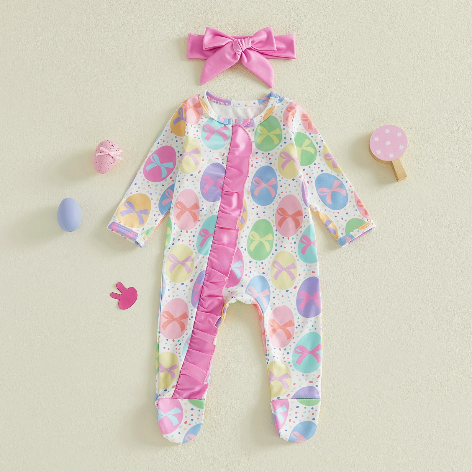 

Infant Girls Easter Bunny Print Ruffle Sleeve Rompers with Matching Headband Set for Spring Celebration Outfit