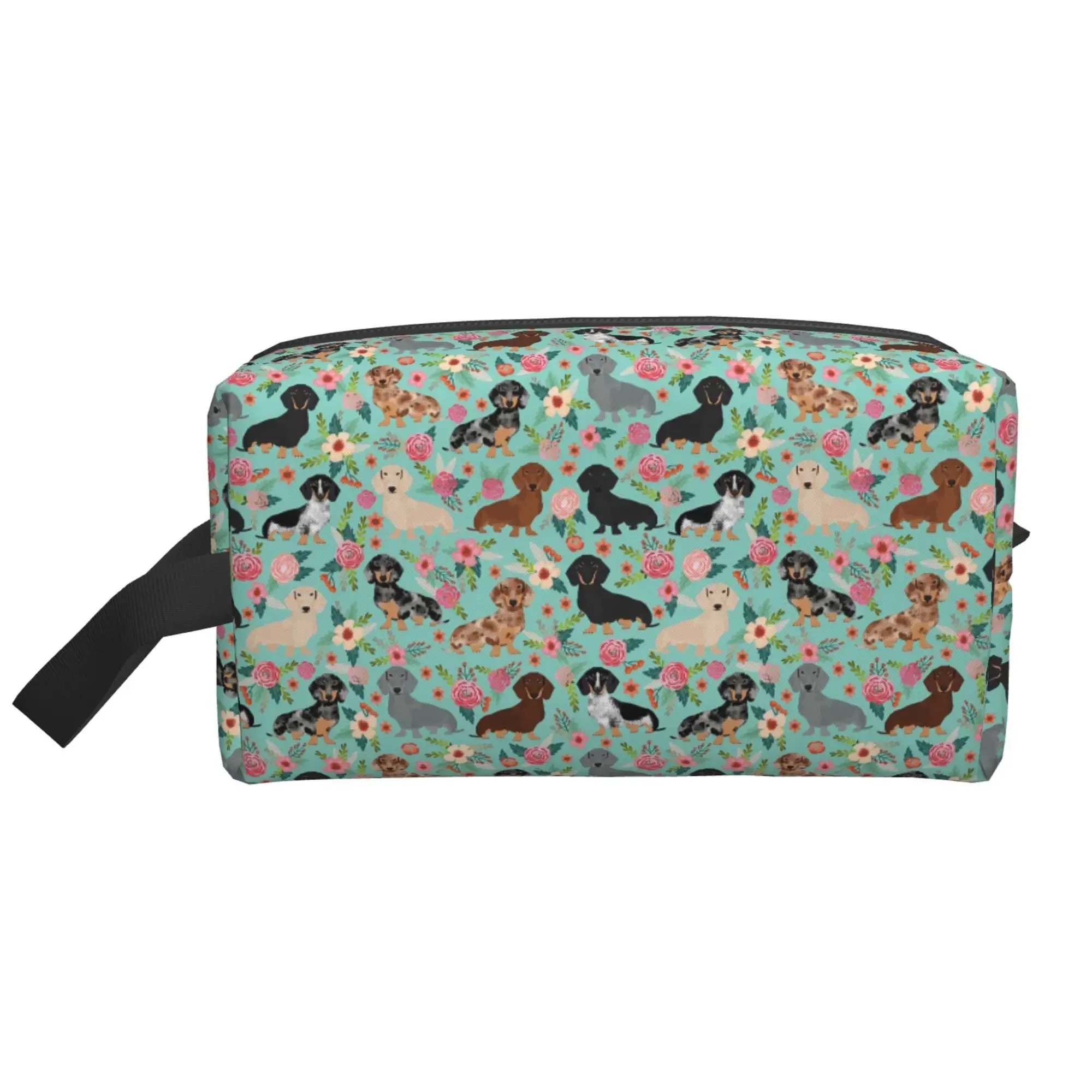 

Dachshund and Flowers Print Storage Bags Cute Sausage Dog Makeup Pouch Waterproof Toiletry Bag Large Capacity Cosmetic Bag