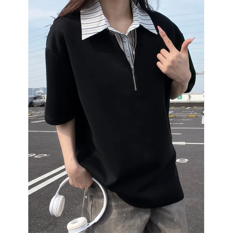 Summer Youth Holiday Two-Piece Striped Patchwork Polo Shirt with Collar and Short Sleeve T-Shirt