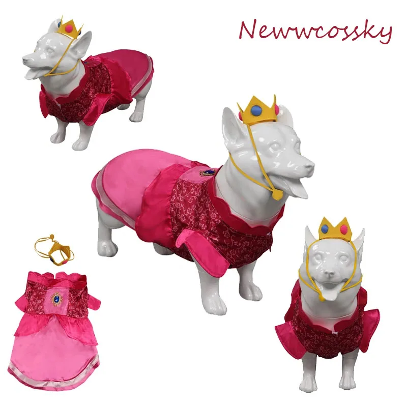 

Pet Dog Dress Movie Princess Cos Peach Cosplay Puppy Pink Skirts Crown Clothing Costume Outfits Halloween Carnival Role Suit