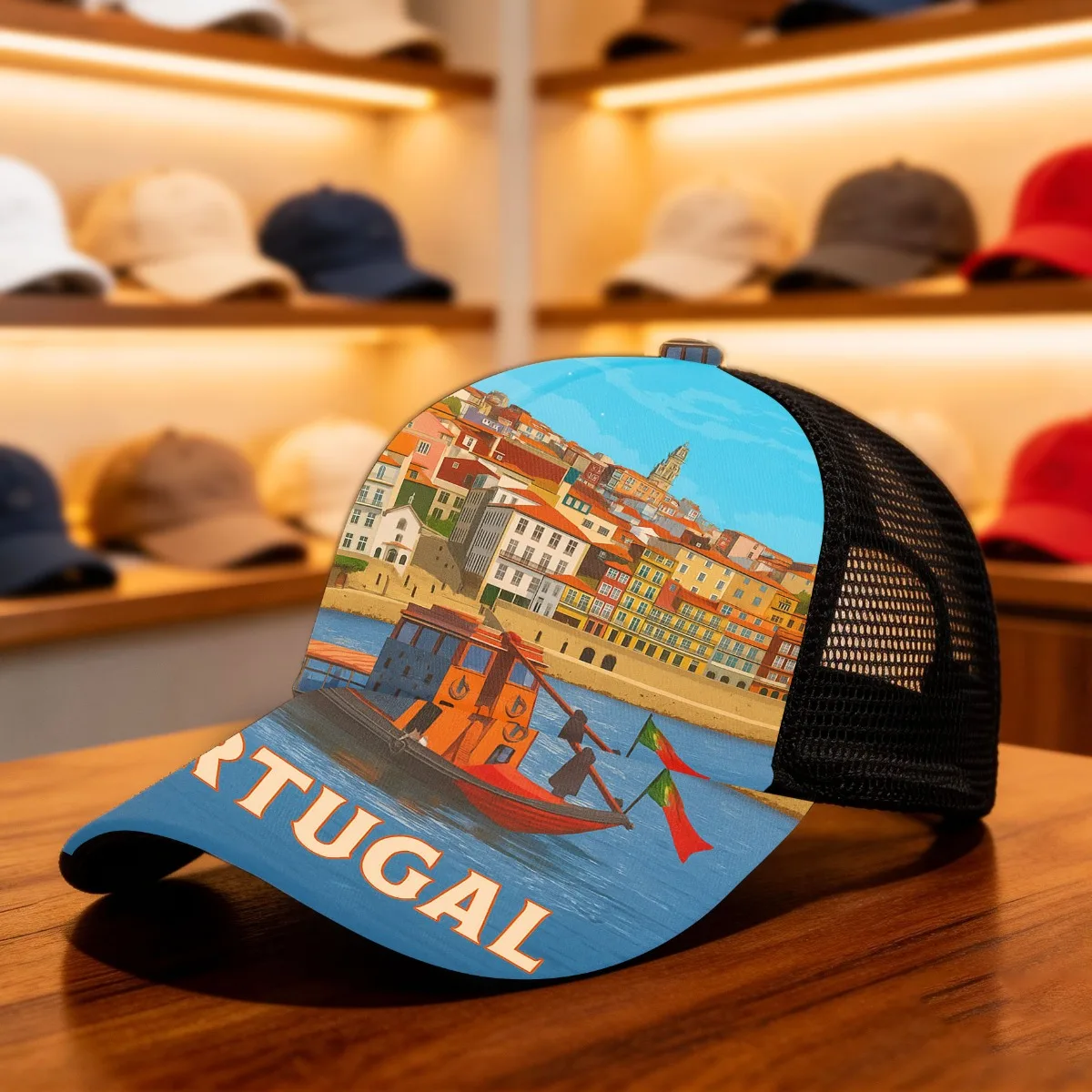 1pc Men' Women' Portugal Harbor Vintage Baseball Cap with Portugal Flag Emblem, Snap Closure, Breathable Mesh