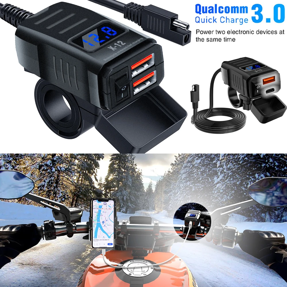 48W Pd Qc3.0 Motorcycle Charger Waterproof Dual Port Charging Socket 12V/24V Digital Voltmeter Usb Handlebar Power Adapter