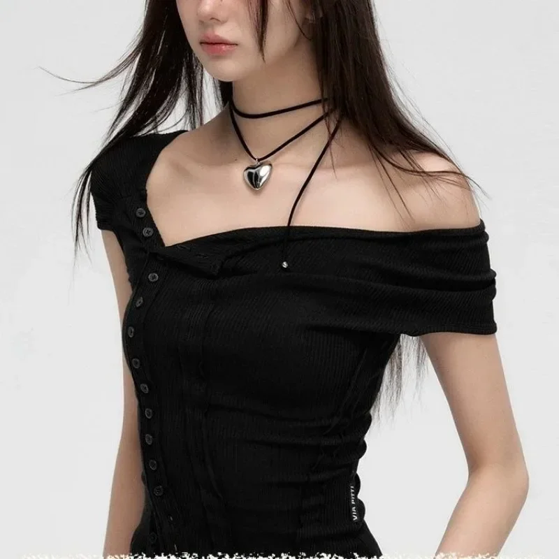 

Summer T Shirts Single Breasted Black Y2k T-shirt 2025 Ropa Mujer Tshirts Women Slash Neck Short Sleeve Tees Crop Tops Fashion