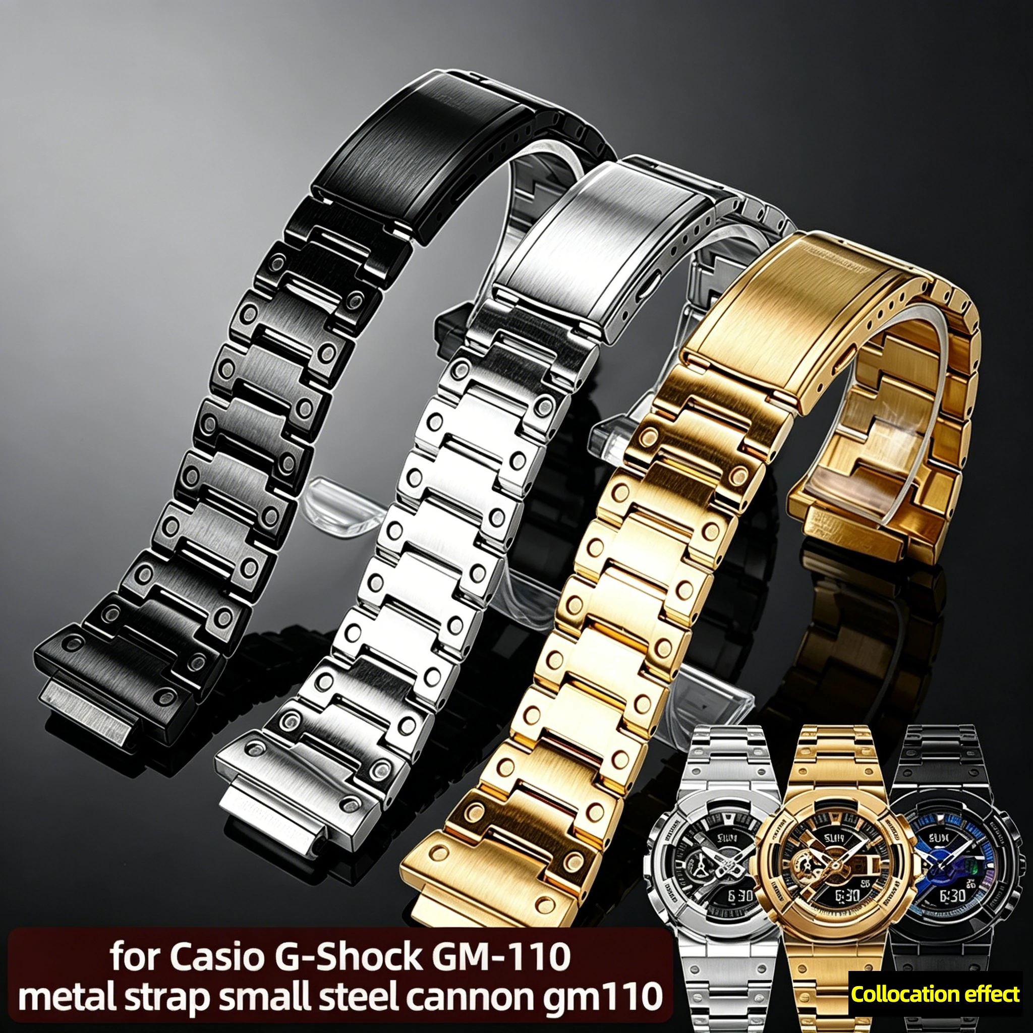 16mm Stainless Steel Solid Turtle Buckle Strap for G-Shock Casio GM-110 GA-110GB Series Small Steel Gun Metal Watchband