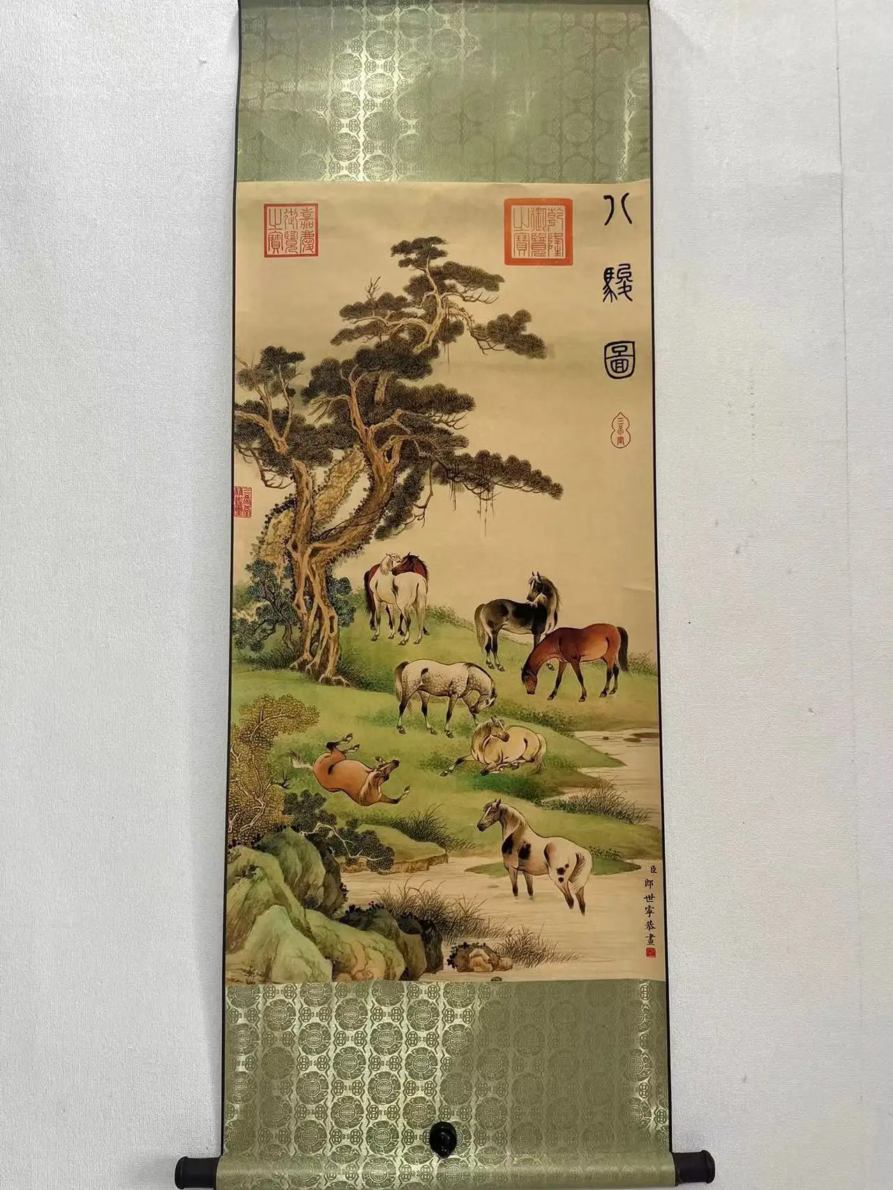 Antique calligraphy and painting Chinese painting Text & painting painting,Lang shi ning,A group of horses