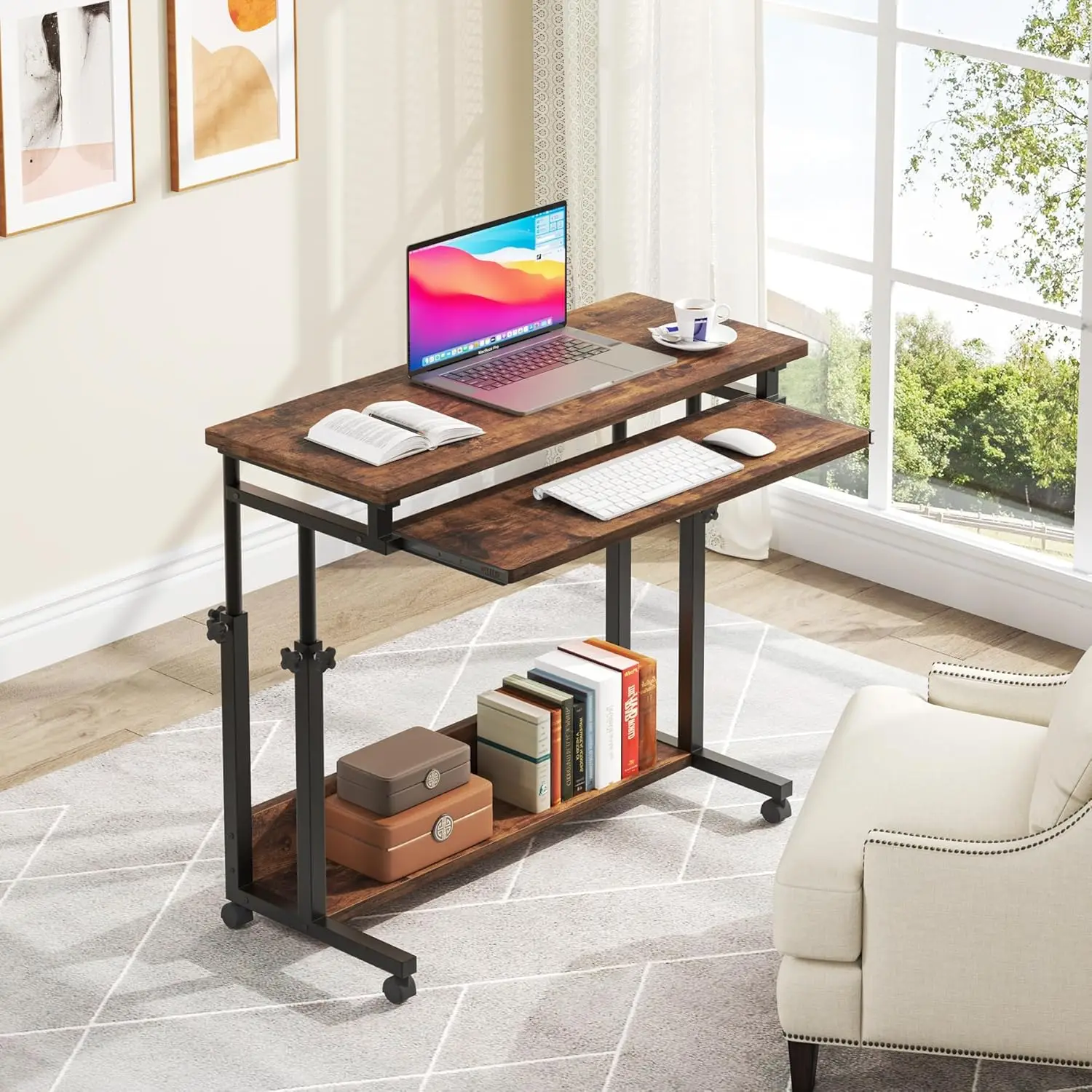 Portable Desk for Sofa and Bed,Height Adjustable Laptop Table Small Standing Desk Rolling Computer Cart ,Keyboard Tray on Wheels