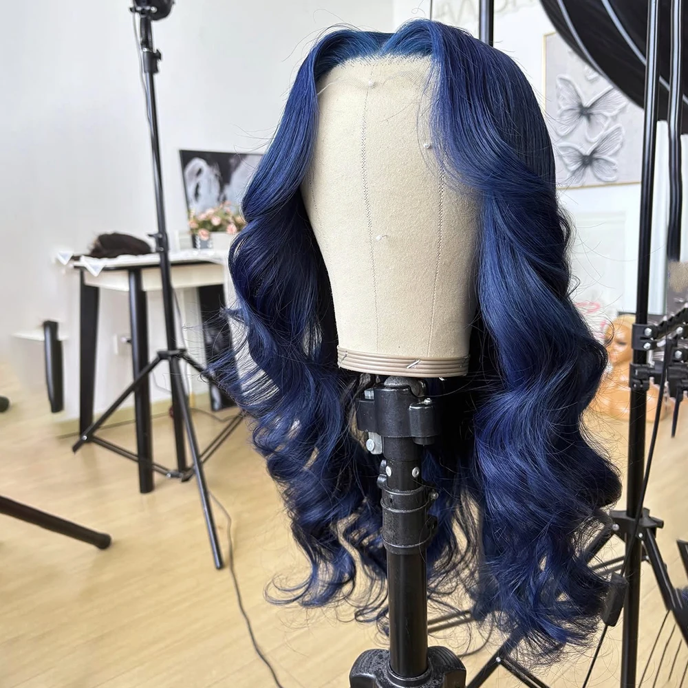 شعر مستعار أزرق داكن طويل موجة عميقة شعر مستعار 13x4 الاصطناعية الدانتيل الجبهة الباروكات للنساء شعر مستعار بدون صمغ الأزرق الجسم موجة شعر مستعار تأثيري مقاومة للحرارة