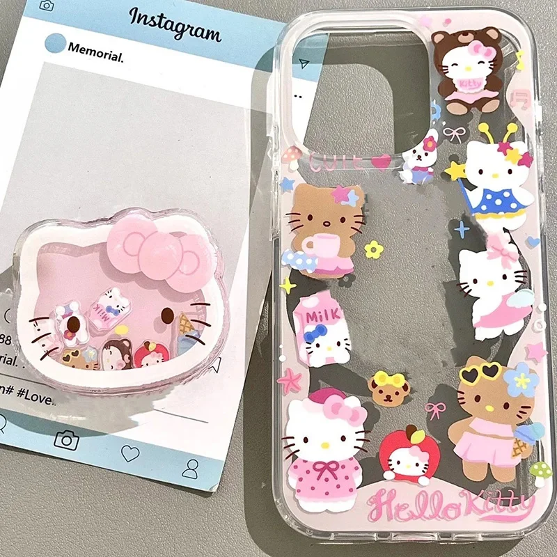 Cute Mermaid Hello Kitty Cartoon KT Stand Clear Soft  Phone Case For  iPhone X 13 12 11 14 15 16 Pro Max Lovely KT Shake Holder