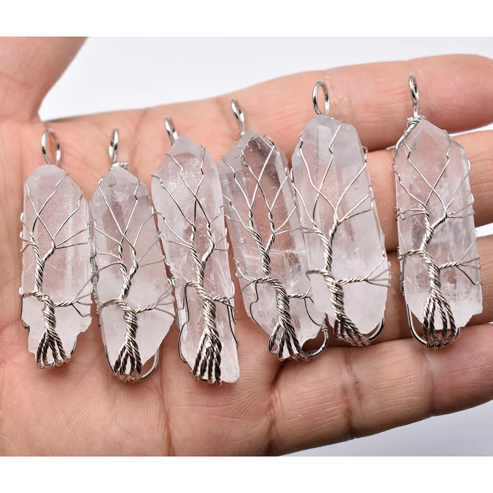 Natural white crystal pillar pendant handmade silver color wire wrapped tree of life wholesale 6pcs/lot of necklace jewelry