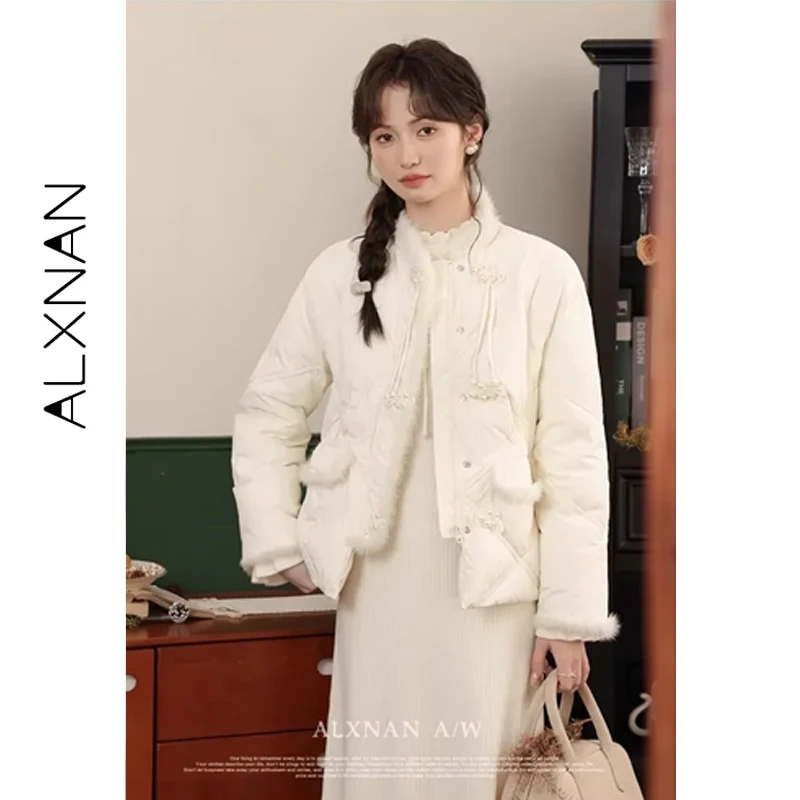 

ALXNAN 2026 Women's Down Jacket New 90% White Duck Down Real Fur Collar Warm Elegant Pearl Button Design Coats Ladies LXN32761
