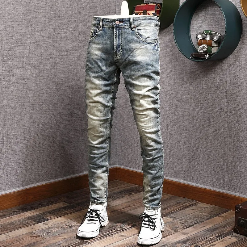 

Italian Style Fashion Men Jeans Retro Washed Blue Elastic Stretch Slim Fit Ripped Jeans Men Vintage Designer Denim Pants Hombre