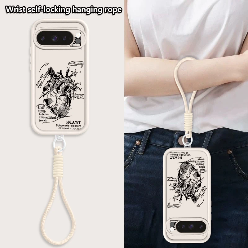 Чехол для телефона с креативным принтом в виде сердца и ремешком для Google Pixel 10 9 8 7 Pro 9A 8A 7A Pixel 9 10 Pro XL, противоударный, из мягкого ТПУ