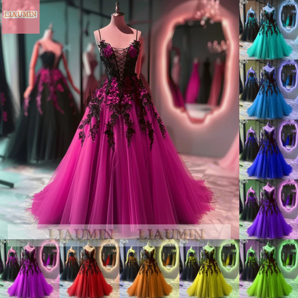 Schwarze Spitze Applikation Spaghetti träger V-Ausschnitt eine Linie in voller Länge Abendkleid formelle Gelegenheit Party Abschluss ball Prinzessin Rock W13-7