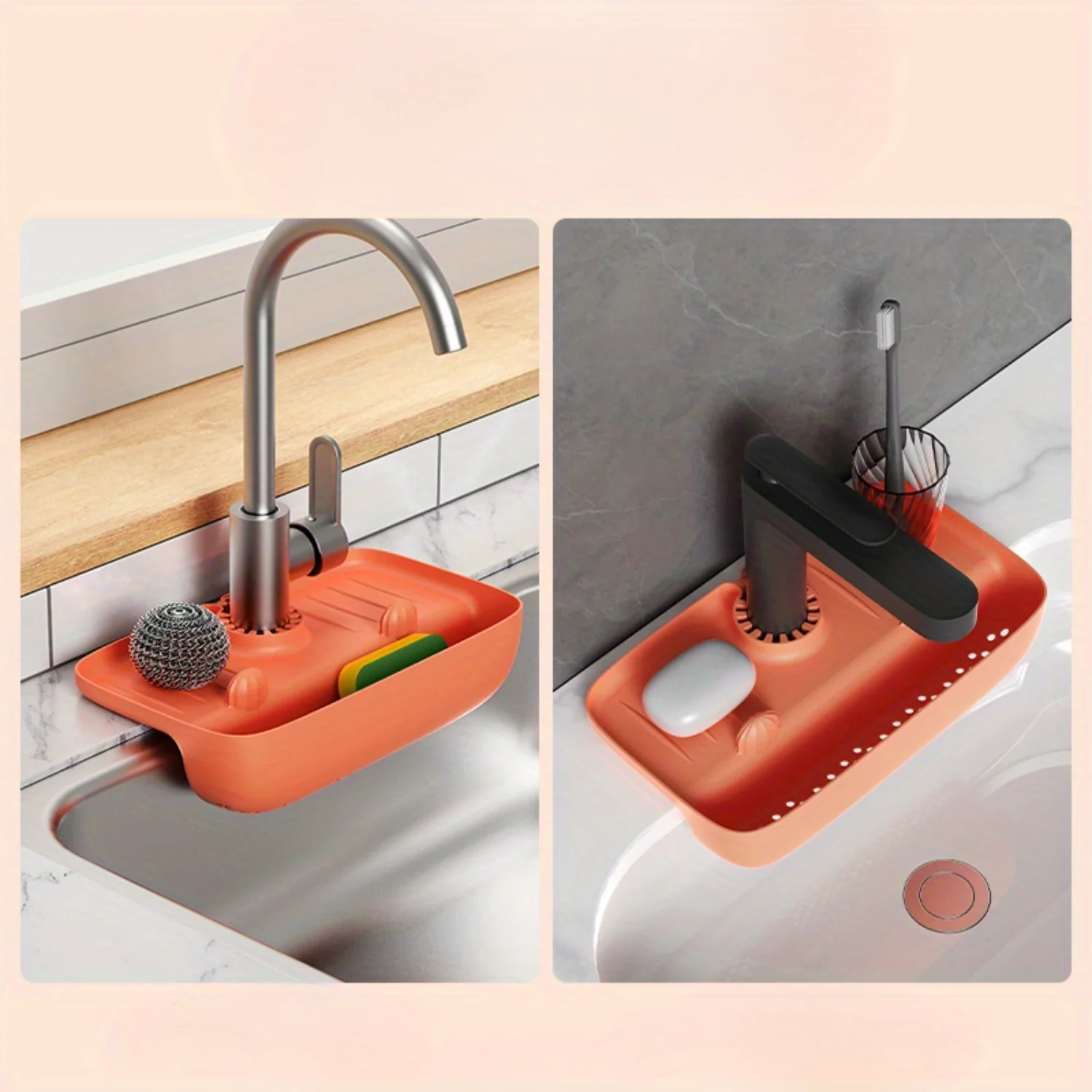 Kitchen Sink Organizer, Faucet Splash Guard, Non-Slip Countertop Mat, Sponge and Cloth Holder, Water Drain Rack, Multifunctional