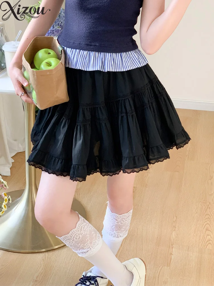 

2025 White Lace Cake Fluffy Skirt Women Sweet High Waist Slim Ballet Summer A-line French Kawaii Puffy Ruffle Lace Sweet Girl