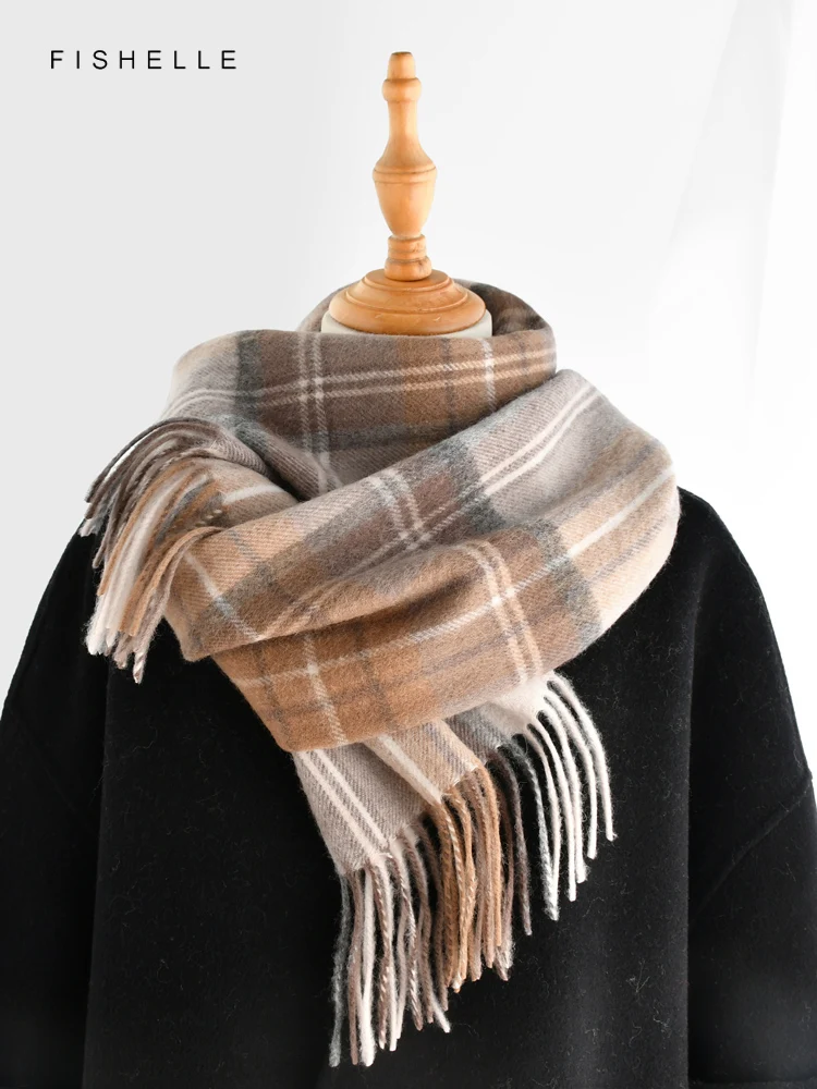 Light brown plaid 100% wool scarf autumn winter men scarves women wraps soft  warm shawl thin lady luxury gifts british style