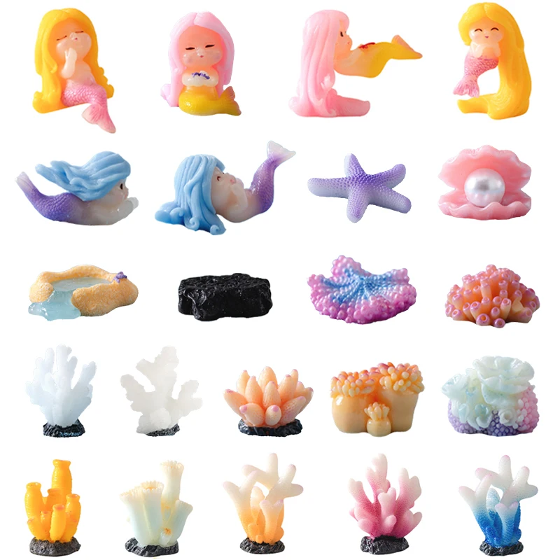 

22Pcs Cute Coral Mermaid Miniature Figurine Ocean Fish Tank Aquarium Decoration Mini Resin Coral Reef Starfish Plant Landscaping