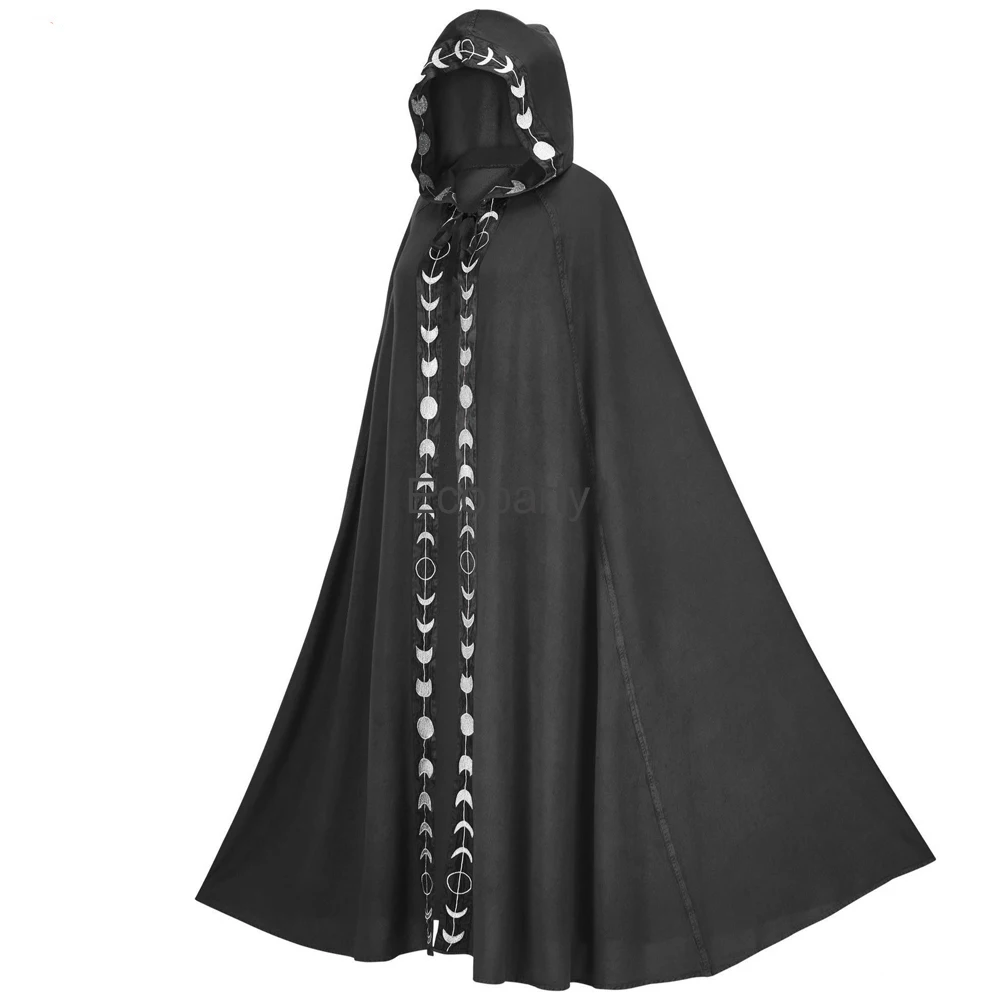 New Medieval Hooded Cloak Women Men Moon Printed Gothic Long Cape Halloween Purim Ghost Cosplay Costume Wizard Death Cloak 2023