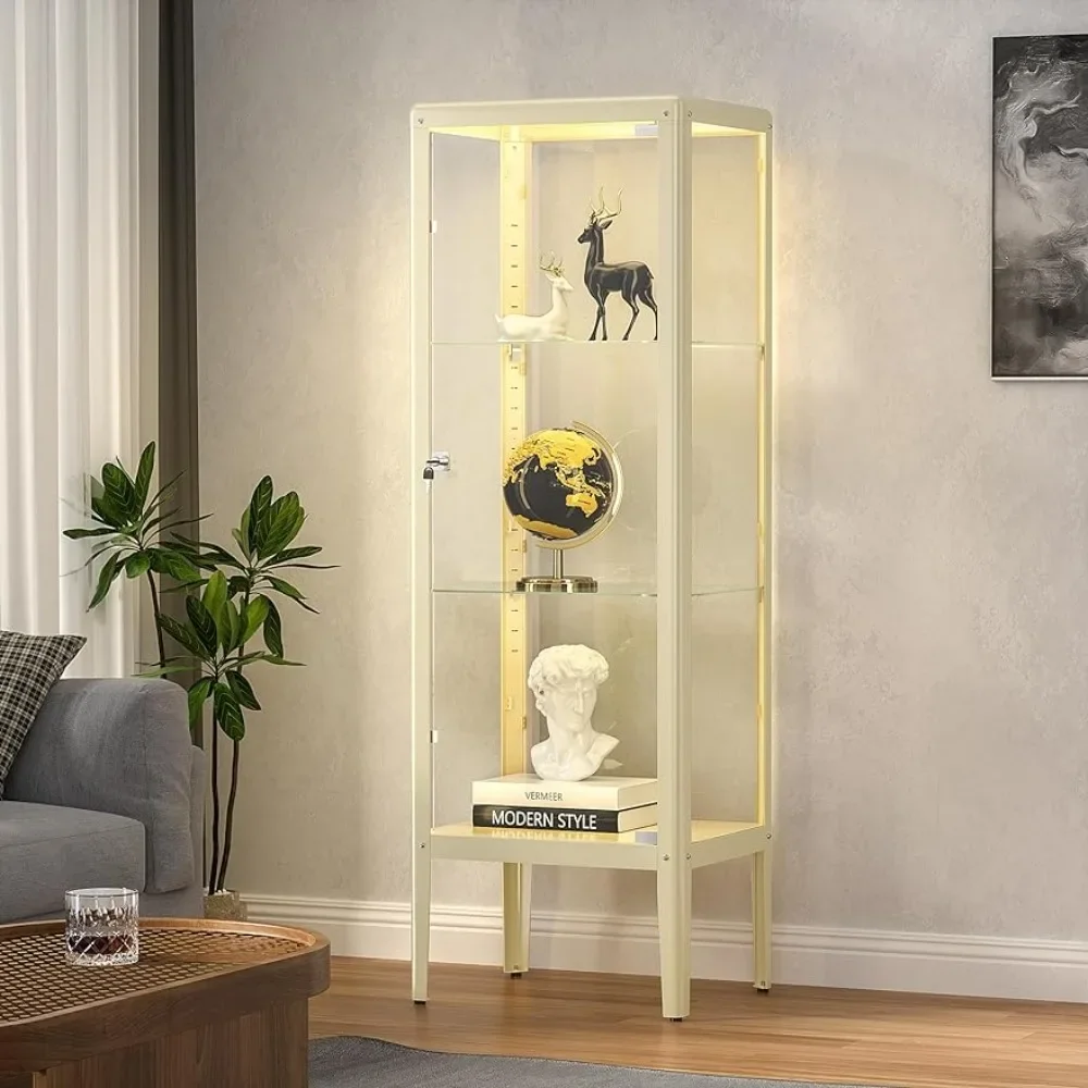 Display Cabinet with Adjustable 3-Shelf Glass Shelves, Lock and Door, LED Light, Dust-Proof