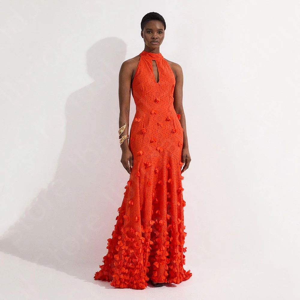 

Customized Latest Orange Evening Dresses Mermaid Prom Gowns Lace Halter Neck Wedding Guest Dresses Back Out Sleeveless Flowers