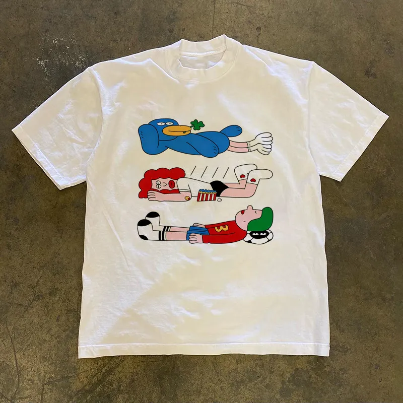 Double Thread Pure Cotton Short Sleeve T-Shirt Men's Loose Fit American Retro Style Breathable Summer Top for Couples
