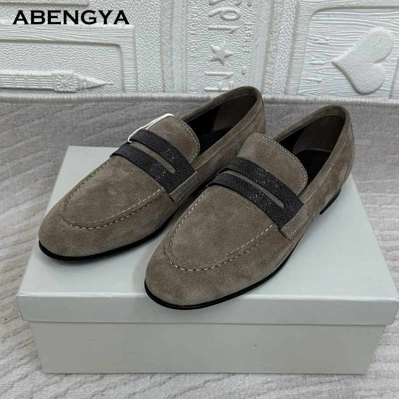 

Autumn New Khaki Suede Flat Loafers Shoes Women Crystal Mules Dress Shoes Designer Casual Party Vacation Walking Shoes For Women
